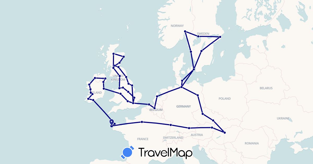 TravelMap itinerary: driving in Austria, Belgium, Czech Republic, Germany, Denmark, France, United Kingdom, Hungary, Ireland, Netherlands, Norway, Sweden (Europe)